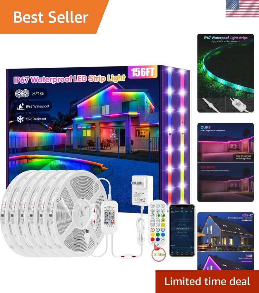 156FT IP67 RGB+IC Outdoor Led Strip Lights Waterproof Led Light Strips with R...