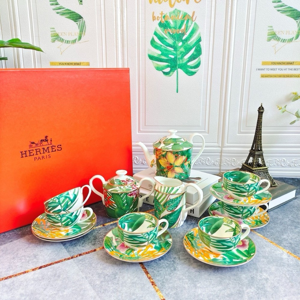 Hermes Jungle Tea Pot Cups Plate Bone China Coffee Set 15pcs