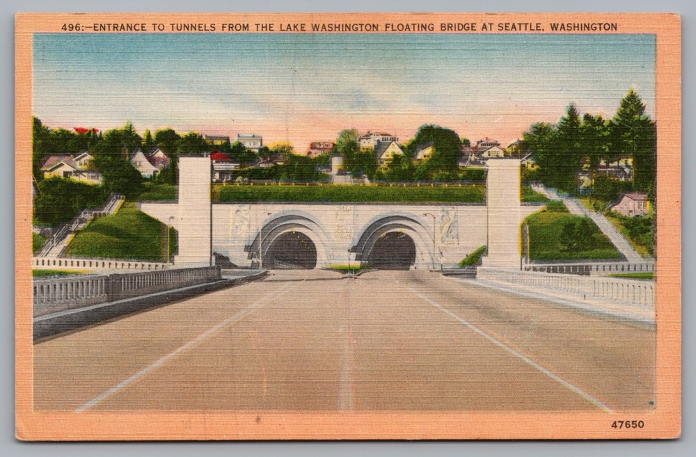 Tunnel Entrance, Lake Washington Floating Bridge, Seattle, WA. Postcard TS-169