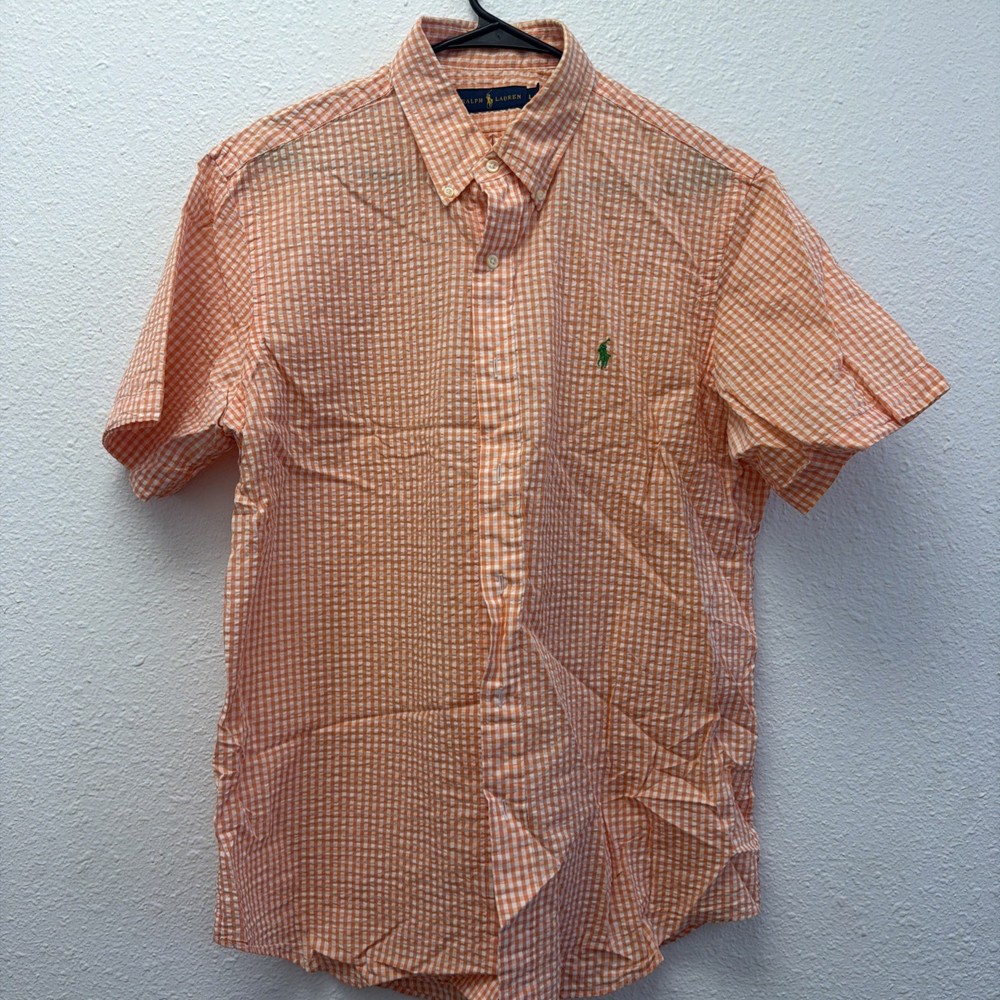 Ralph Lauren Classic Fit Seersucker Short Sleeve Shirt Men’s L Orange Checkered