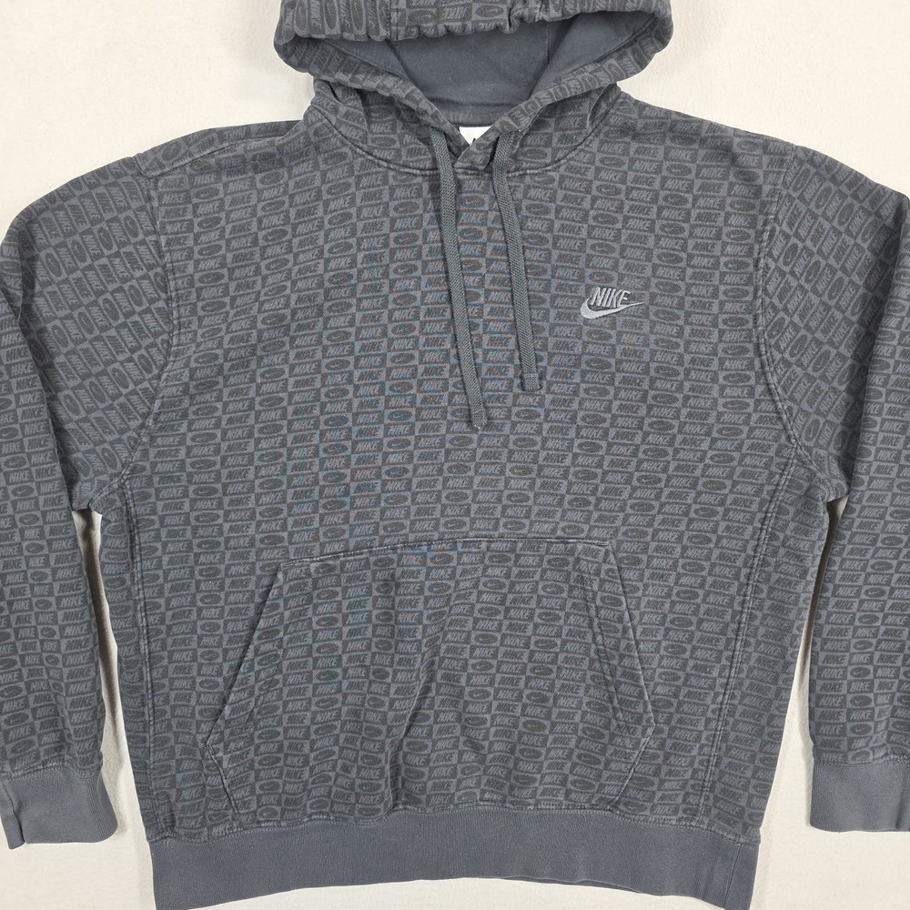 Nike Sportswear Club Hoodie Mens Medium Black All Over Print Logo Swoosh