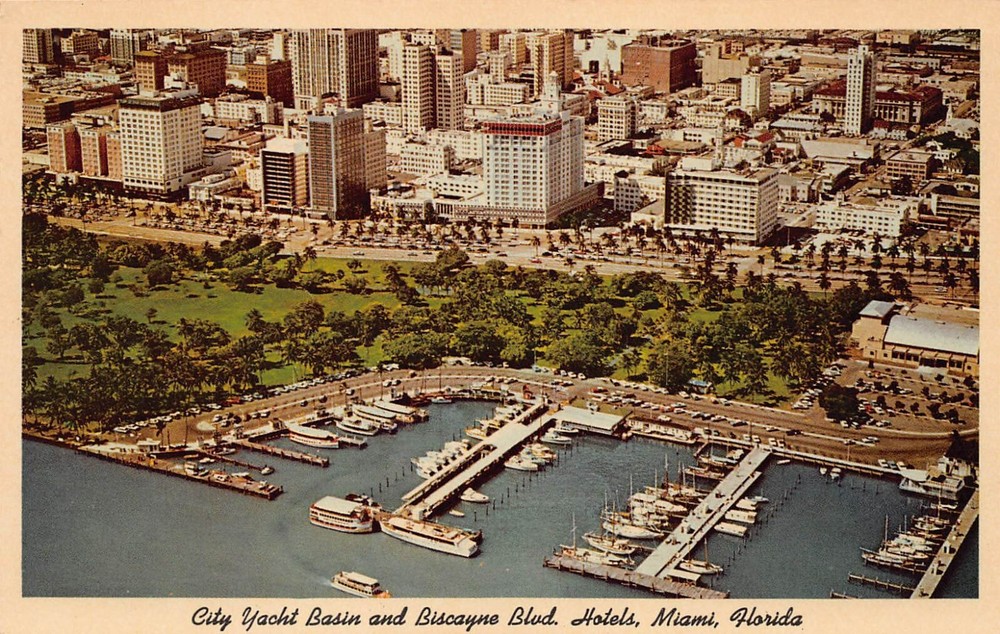 Miami FL Florida Downtown 1960s Skyline Yacht Basin Harbor Beach Vtg Postcard O1