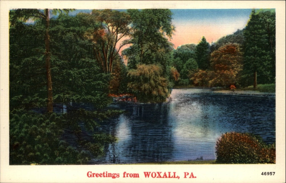 Greetings from Woxall Pennsylvania river scene ~ 1950 linen postcard