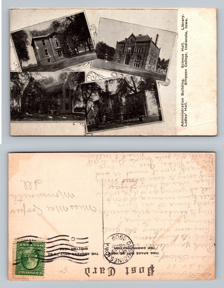 Indianola, IA-Iowa, Simpson College Library Science Hall Vintage c1909 Postcard