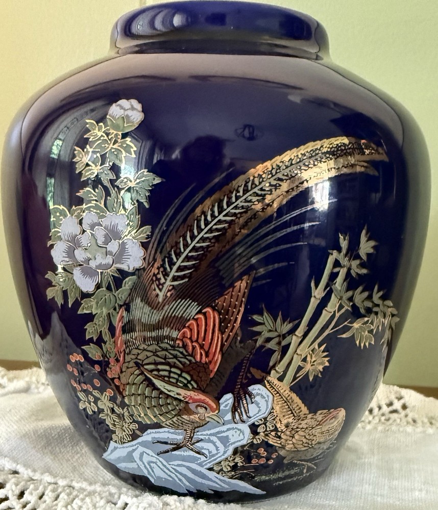 Glossy Blue Ceramic Vase, Bird & Floral Design, Multicolor Decor