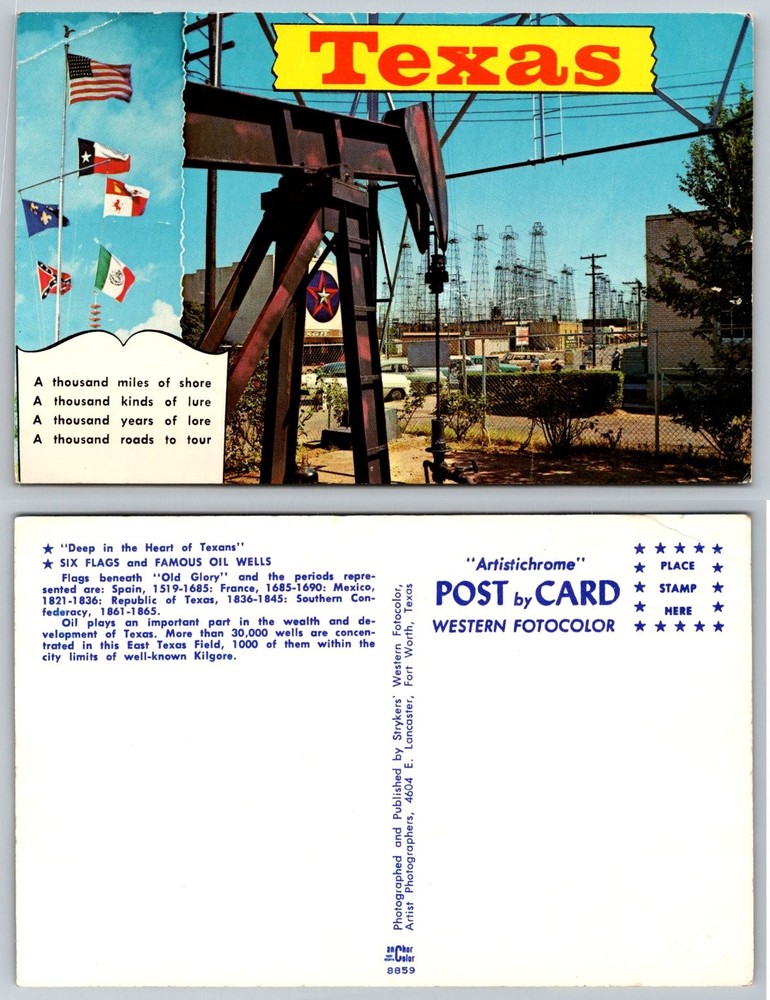 Vintage Texas Oil Wells & Six Flags Postcard - Kilgore East Texas Field Chrome