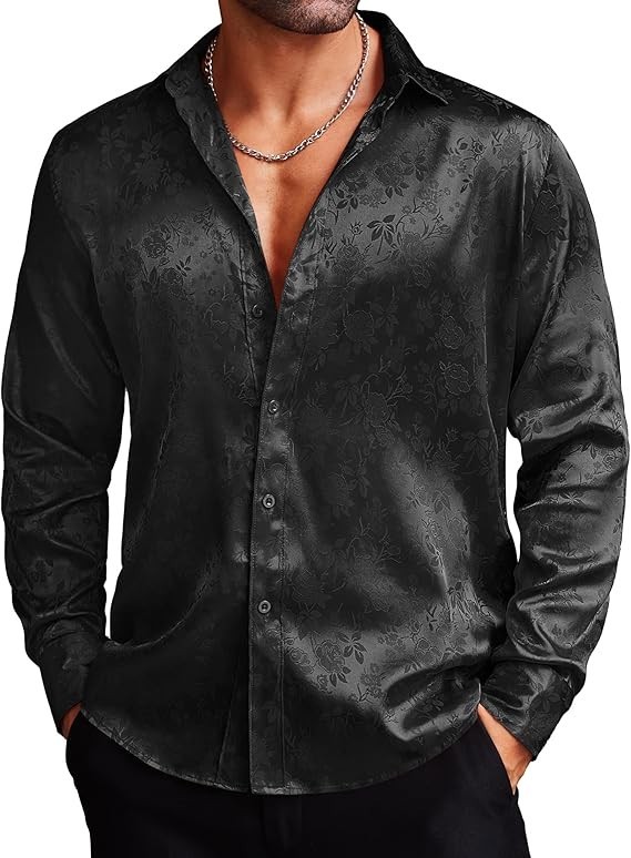 Men Silk Satin Dress Shirts Jacquard Long Sleeve Floral Button Up