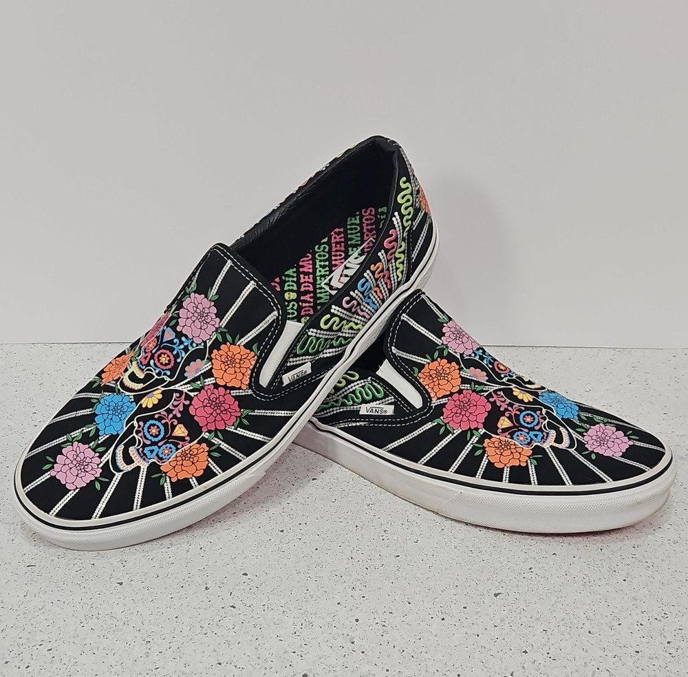 VANS Classic Slip-On Black Multicolor Floral Skull Canvas Men's Casual Size 13