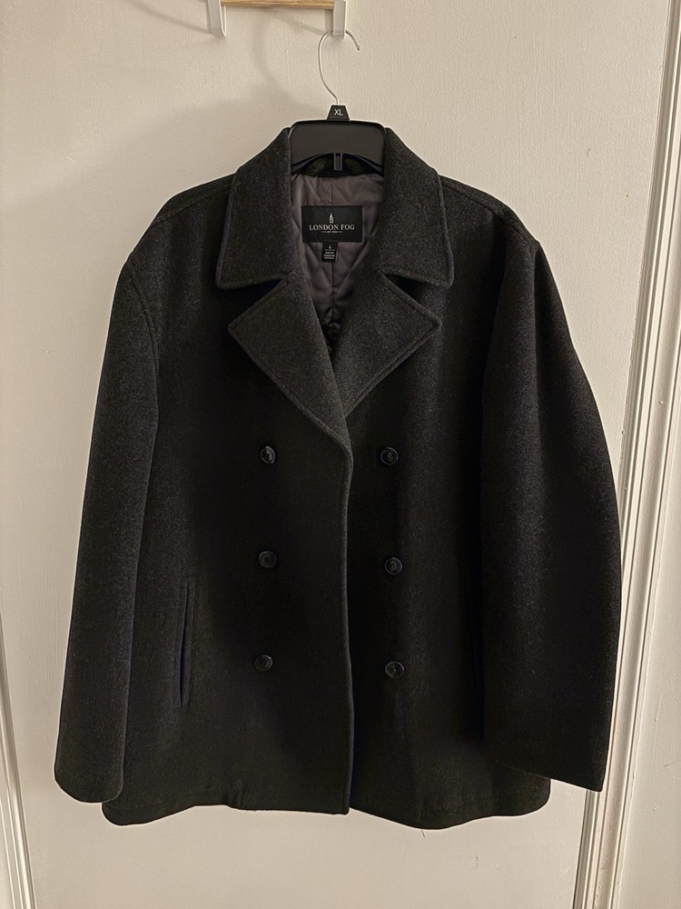 London Fog Men's Wool Blend Double Breasted Pea Coat - Large