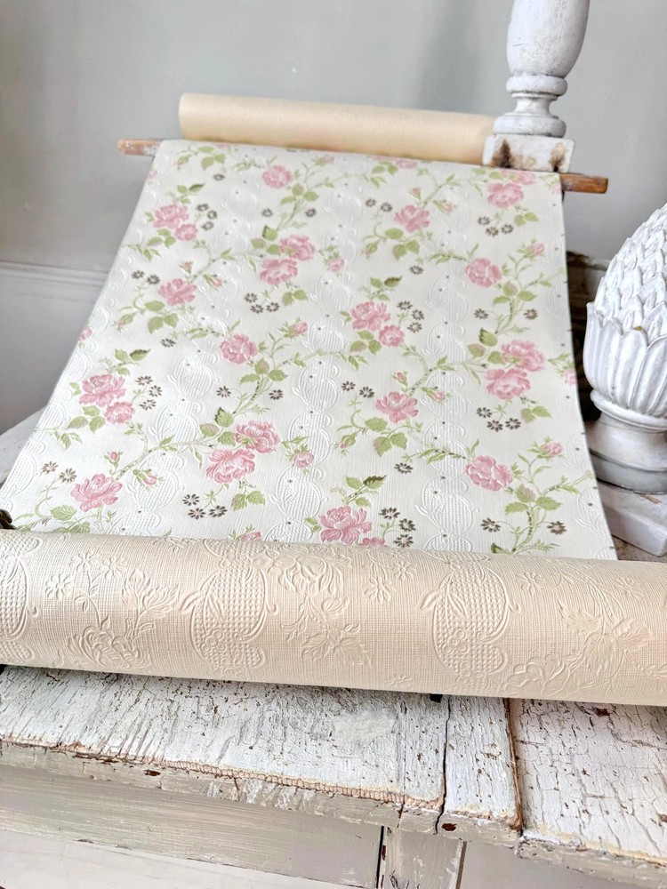 5.4yds (10.8yds avail) Antique Wallpaper Roll French Embossed Pink sweet Roses
