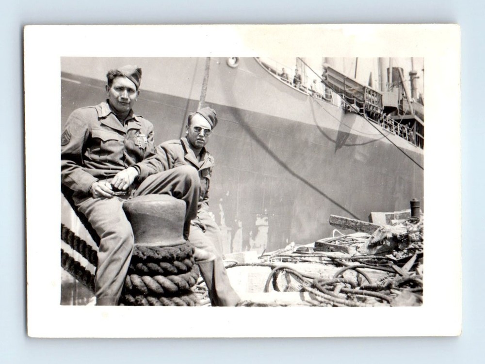 Old Vintage Photo PAIR DUO MILITARY MEN IN UNIFORM BY SHIP ROPES SNAPSHOT PIC