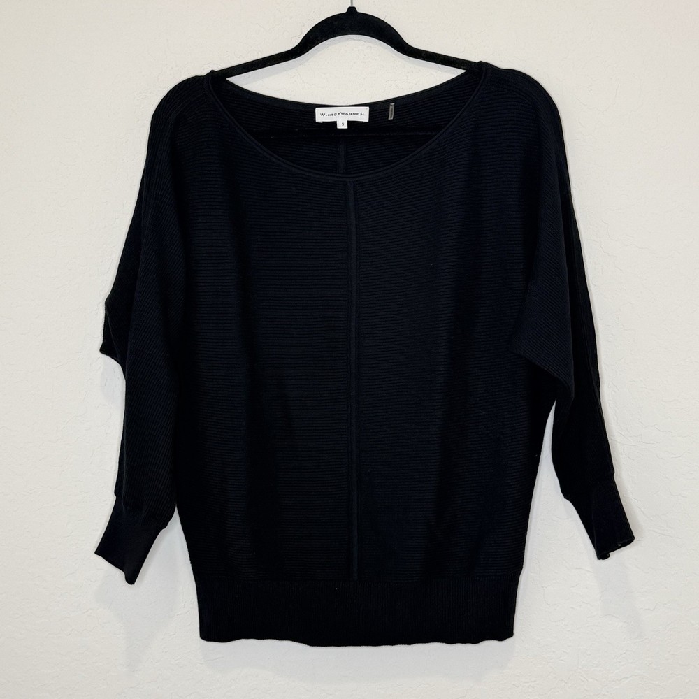 White + Warren Women's Sweater Boat Neck Black Cotton Dolman Sleeve Size Small