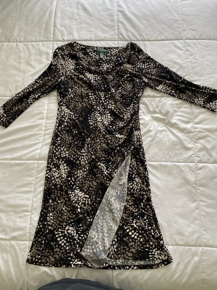 Ralph Lauren Ruched Sheath Dress Black Tan Animal Geometric Print V-Neck-Size 10