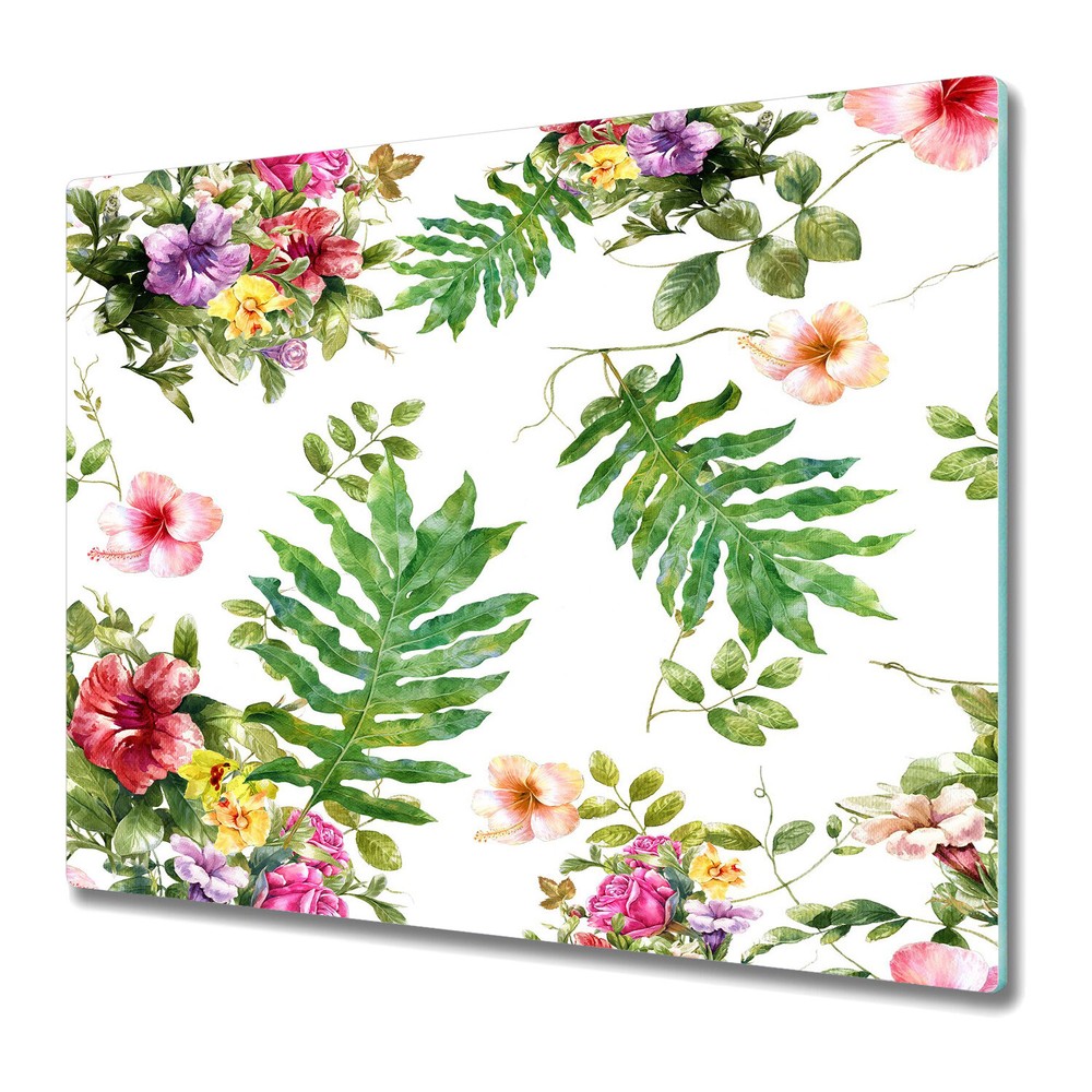 Glass Chopping Cutting Board painting of leaves and flowers Colourful Soft 60x52