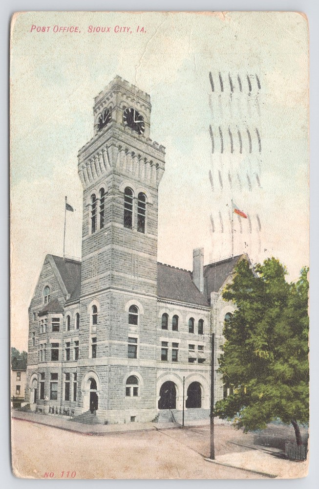 Post Office Bldg & Clock Tower~Corner View~Sioux City Iowa~#110~PM 1908 Postcard