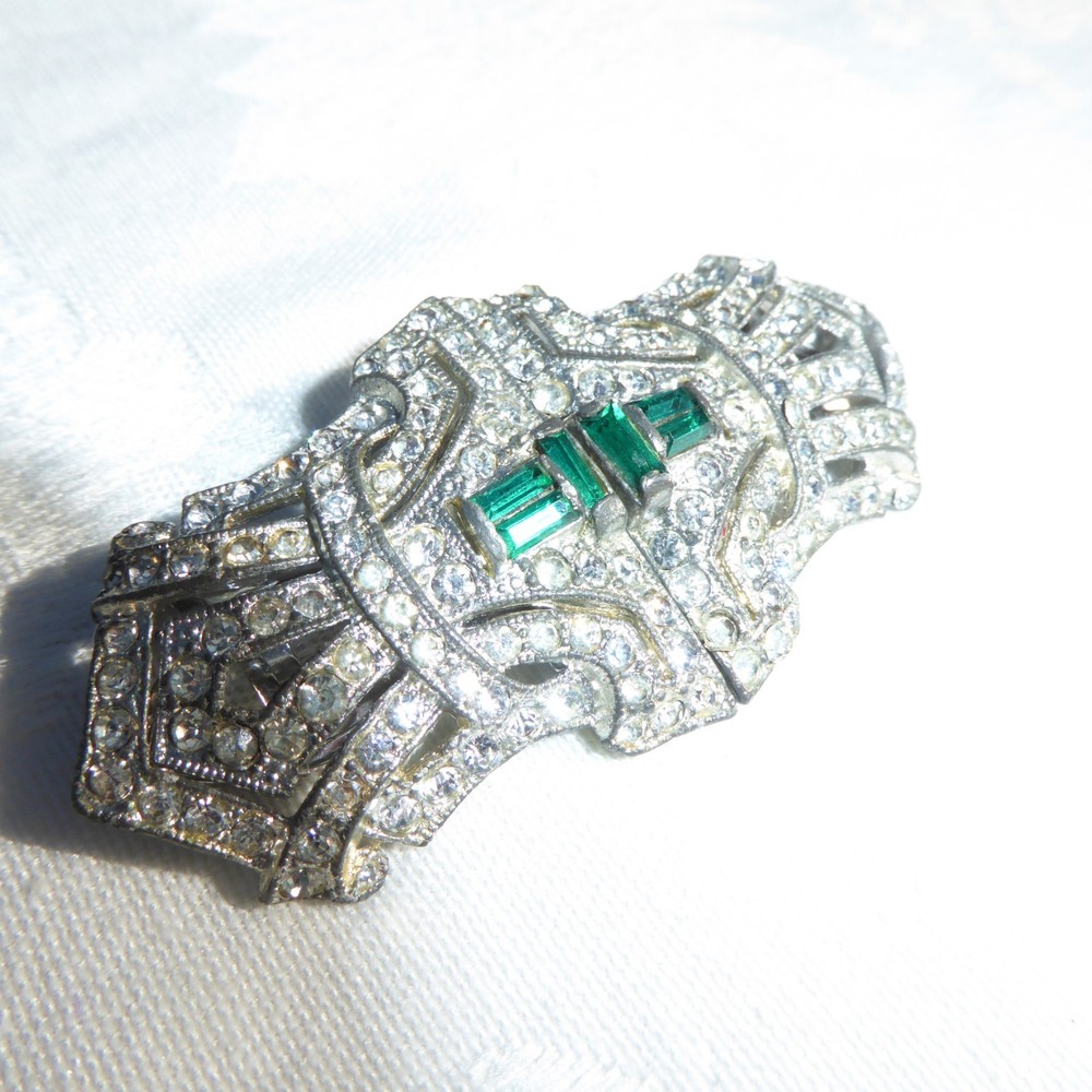 Vintage Art Deco Clear Green Rhinestone Signed Coro Duette Brooch With Pat No.