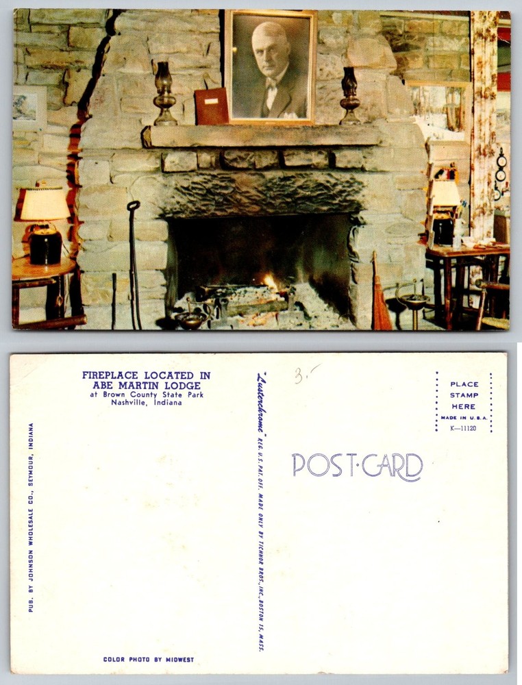 Abe Martin Lodge Fireplace Postcard Brown County State Park Nashville Indiana