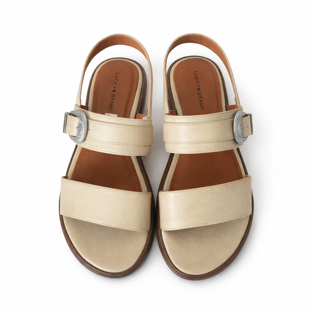 Lucky Brand Women’s Beige Leather Sandals 9.5M Elastic Back Comfort Flat