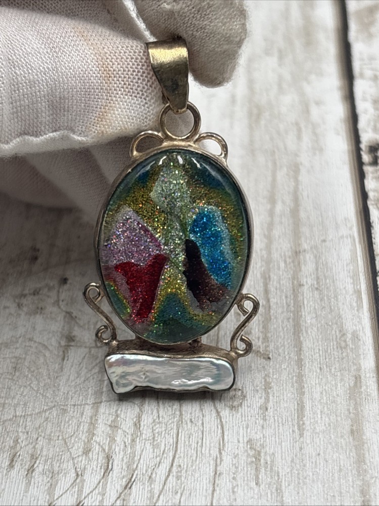 925 Sterling Silver Vintage Oval Multicolor Dichroic Glass Art Pendant Necklace