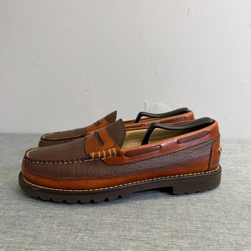 LL Bean Penny Loafers Mens 8.5 D Brown Pebbled Leather Lug Sole Moc Toe Shoes