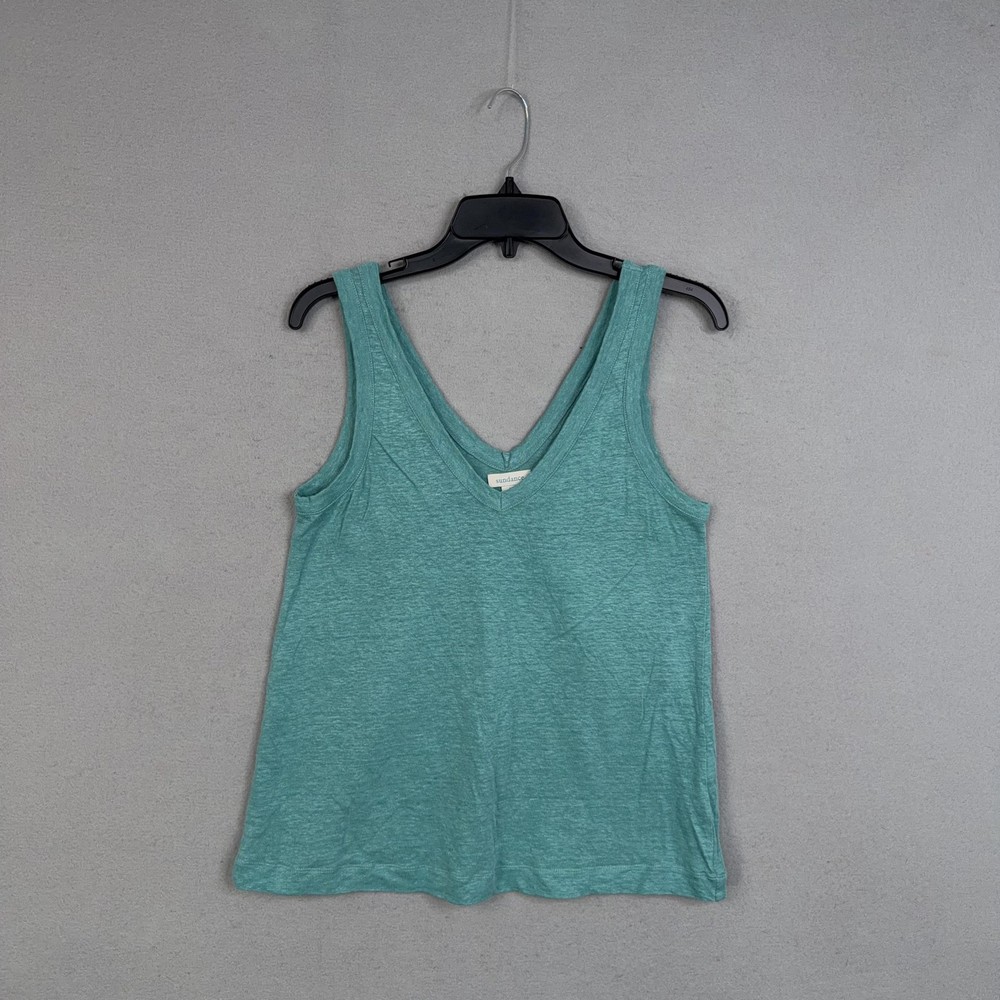Sundance Tank Top Womens Medium Green 100% Linen V Neck Basic Light Summer Shirt