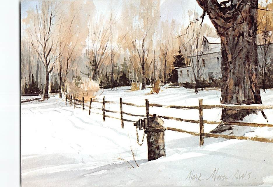 Postcard Holiday Greetings with Fence Trees Building Snow Scenery