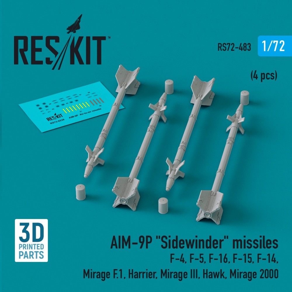 AIM-9P Sidewinder Missiles F-4/F-16/Mirage 2000 4 pcs 1:72 3D Print RS72-0483