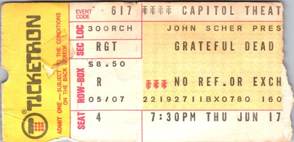 Grateful Dead Concert Ticket, Capitol Theatre, June 17 1976