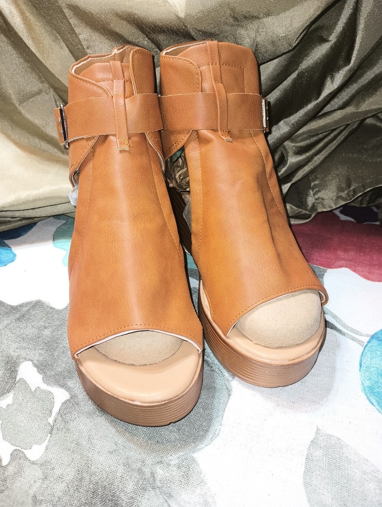 Women's Brown Wedge Heel Sandals, Peep Toe ,Slingback Boot Summer Shoe size 8