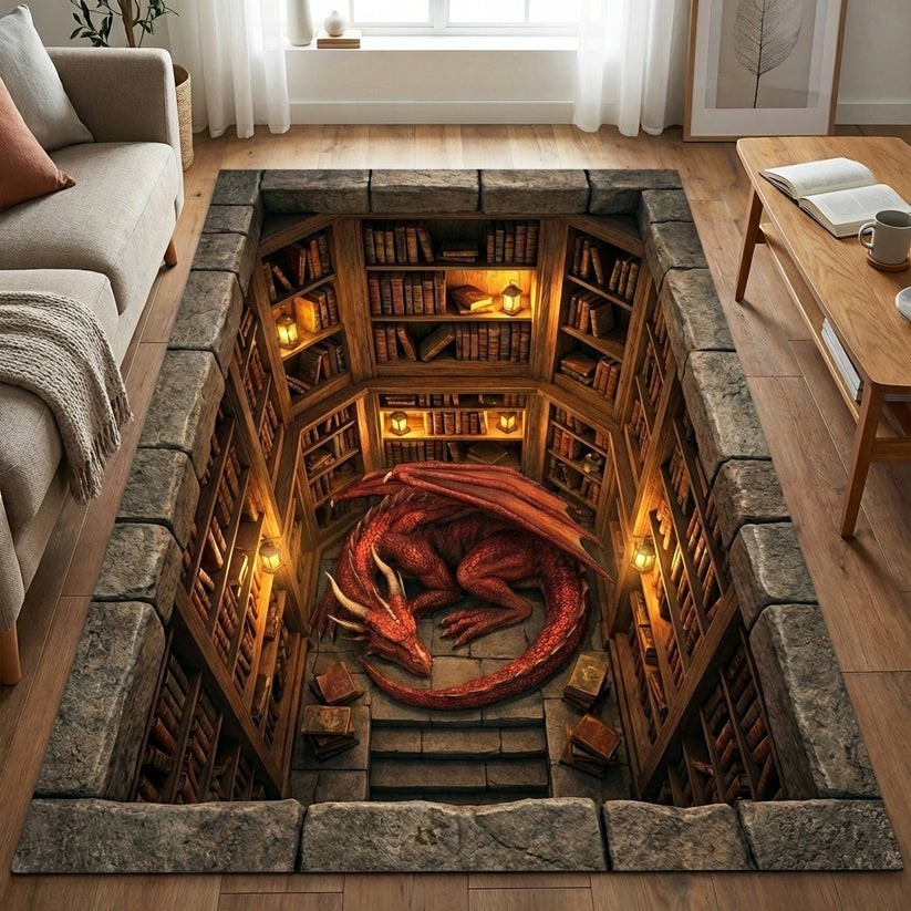 3D Red Dragon Library Pit Area Rug Illusion Floor Mat Home Decor Book Lover Gift