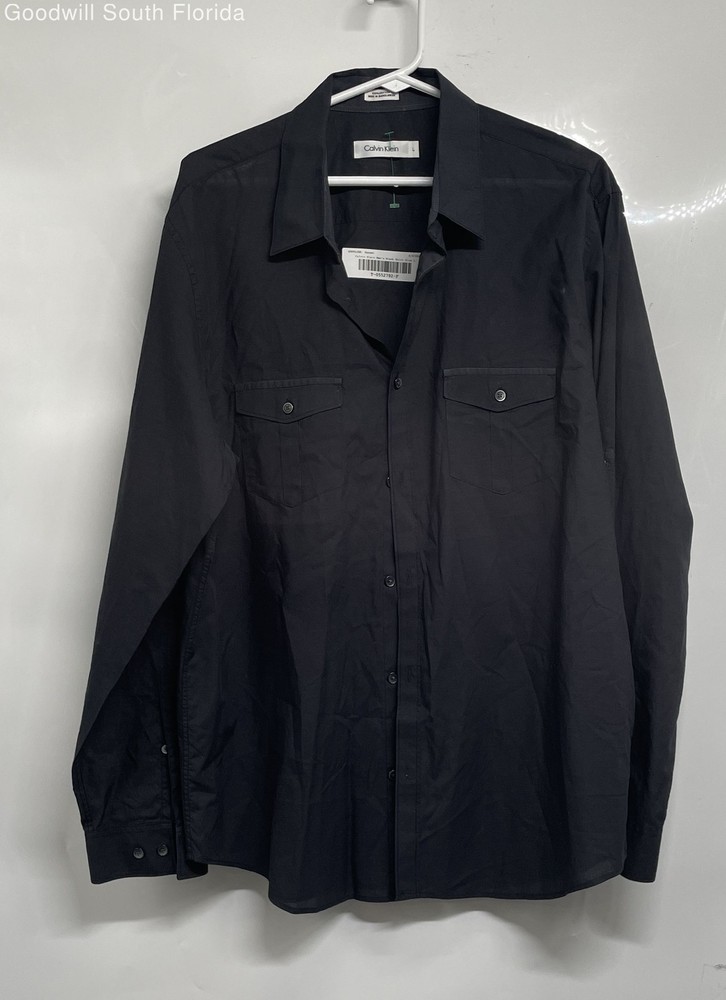 Calvin Klein Mens Black Cotton Long Sleeve Collared Button-Up Shirt Size L