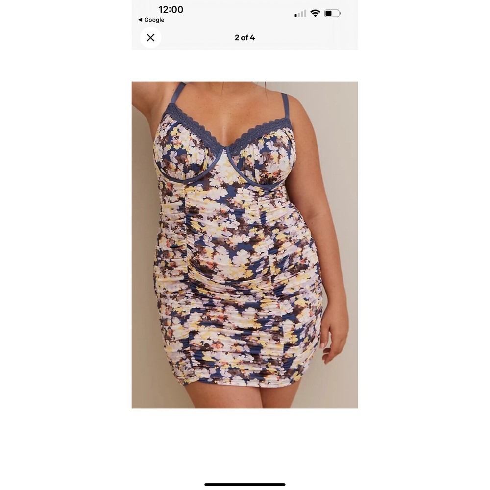 Torrid Floral Print Lace Trim Ruched Bodycon Mini Dress