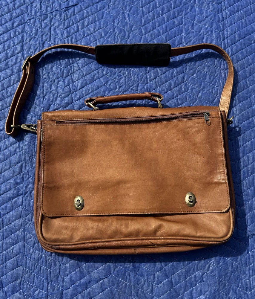Vintage Leather Large Briefcase Messenger Bag Distressed Brown Laptop