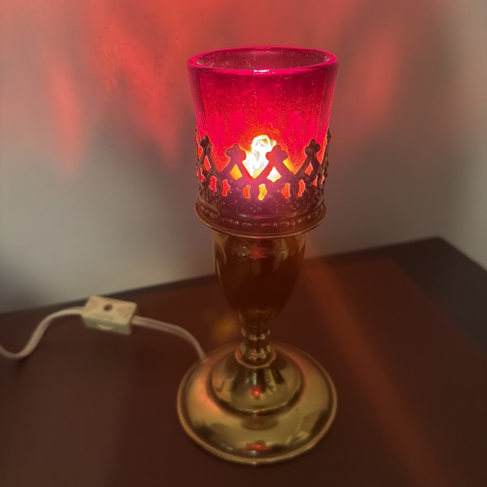 Sudbury Brass Electric Votive Table Lamp Ruby Red Glass Flameless Vintage