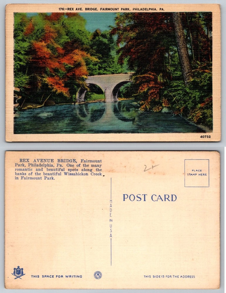 Rex Ave Bridge Fairmount Park Philadelphia PA Wissahickon Creek Linen Postcard