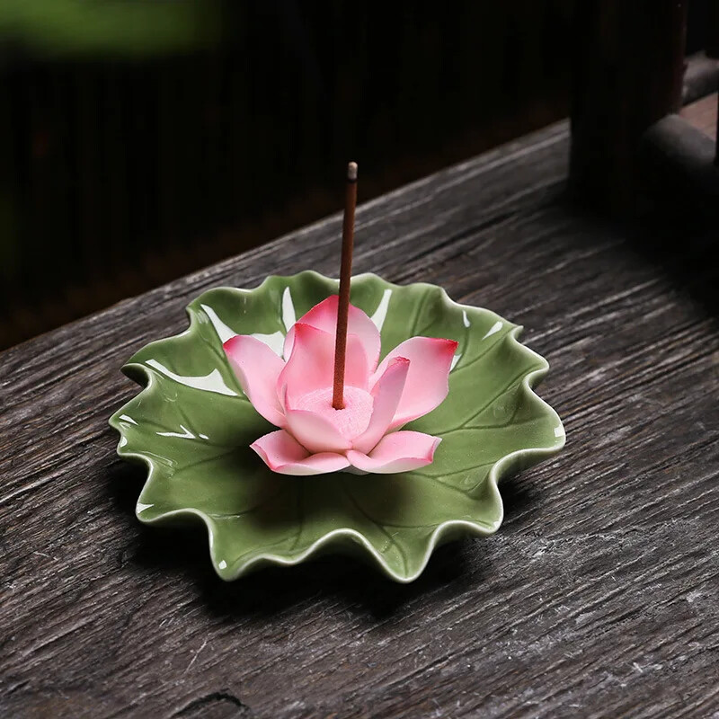 Ceramic Flower Thread Incense Tray - Lotus Leaf Buddhist Hall Incense Burner