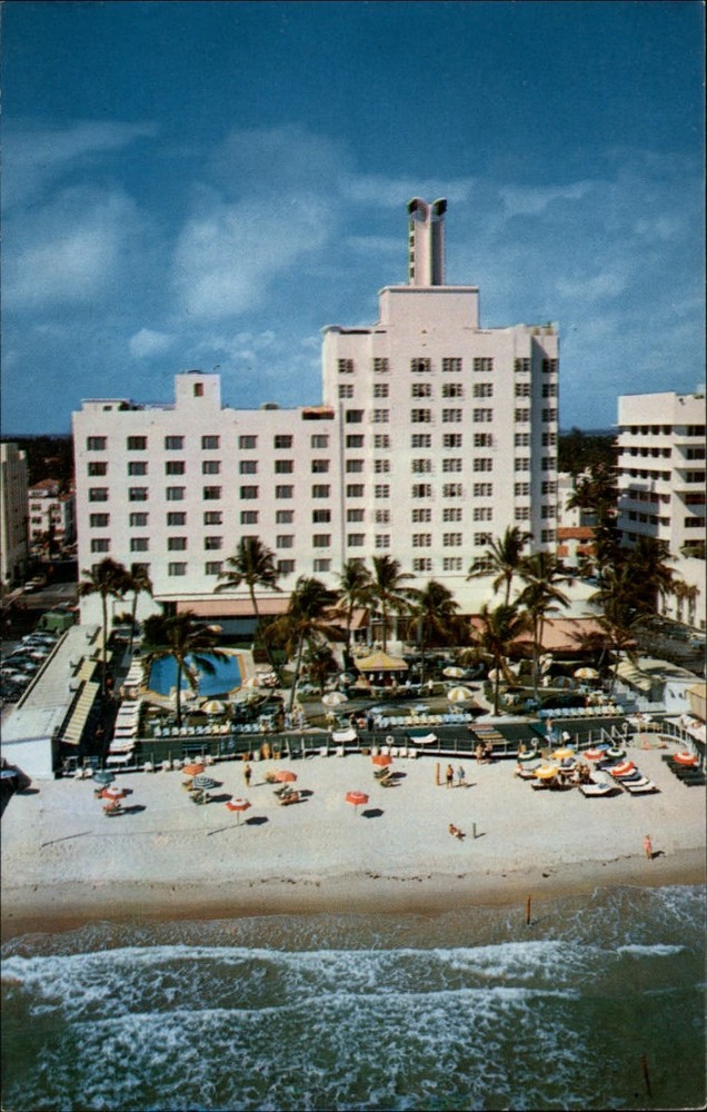 Miami Beach Florida Sea Isle Resort hotel pool beach aerial vintage postcard