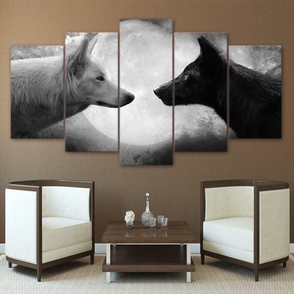 Black & White Wolves & Full Moon 5 Piece Canvas Wall Art