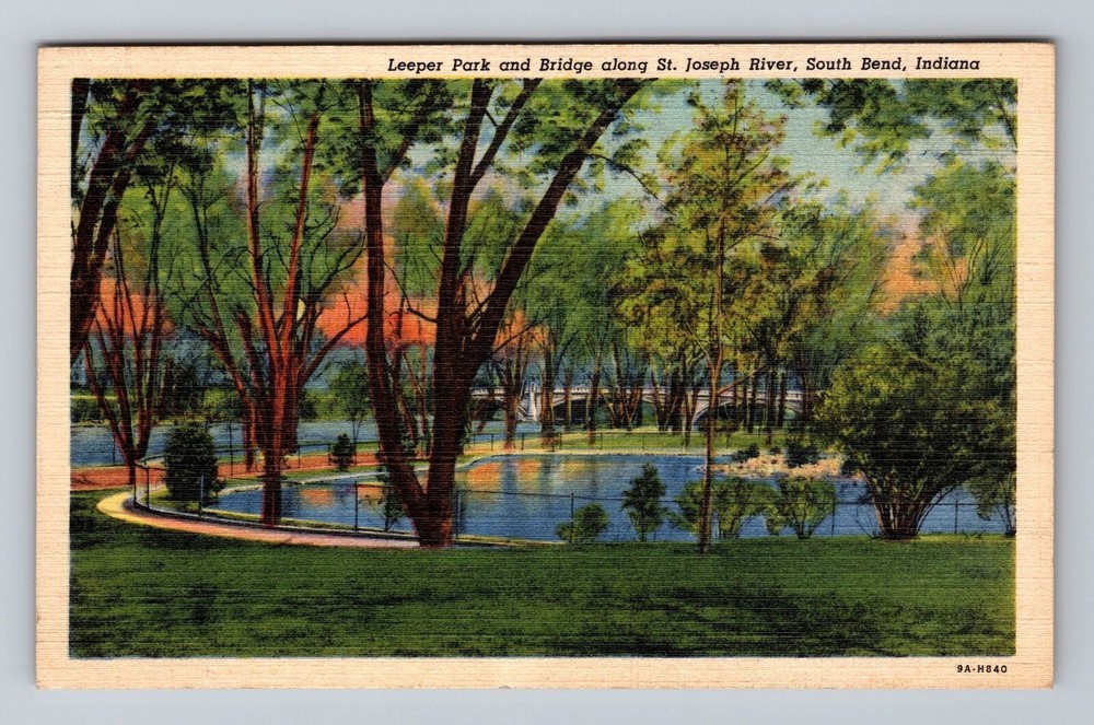 Indiana IN South Bend Leeper Park Bridge Along St Joseph River Vintage Postcard