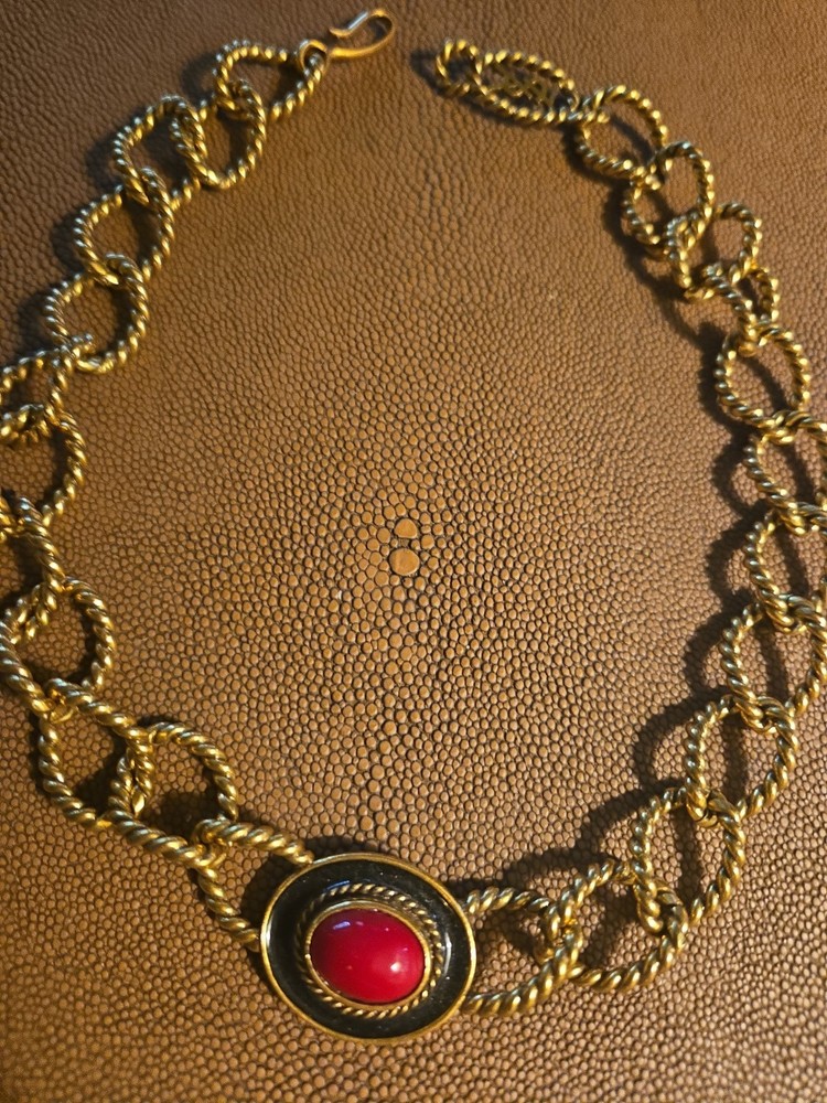 Vintage YSL Yves Saint Laurent Gold Tone Rope Link Red Cabochon Statement...