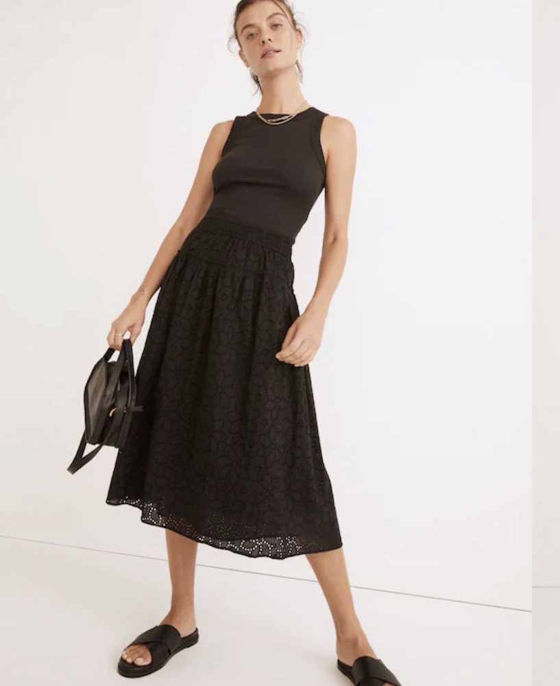 Madewell NWT Black Eyelet Lace Pull-On Midi Skirt Floral Cotton $98 Sz XL