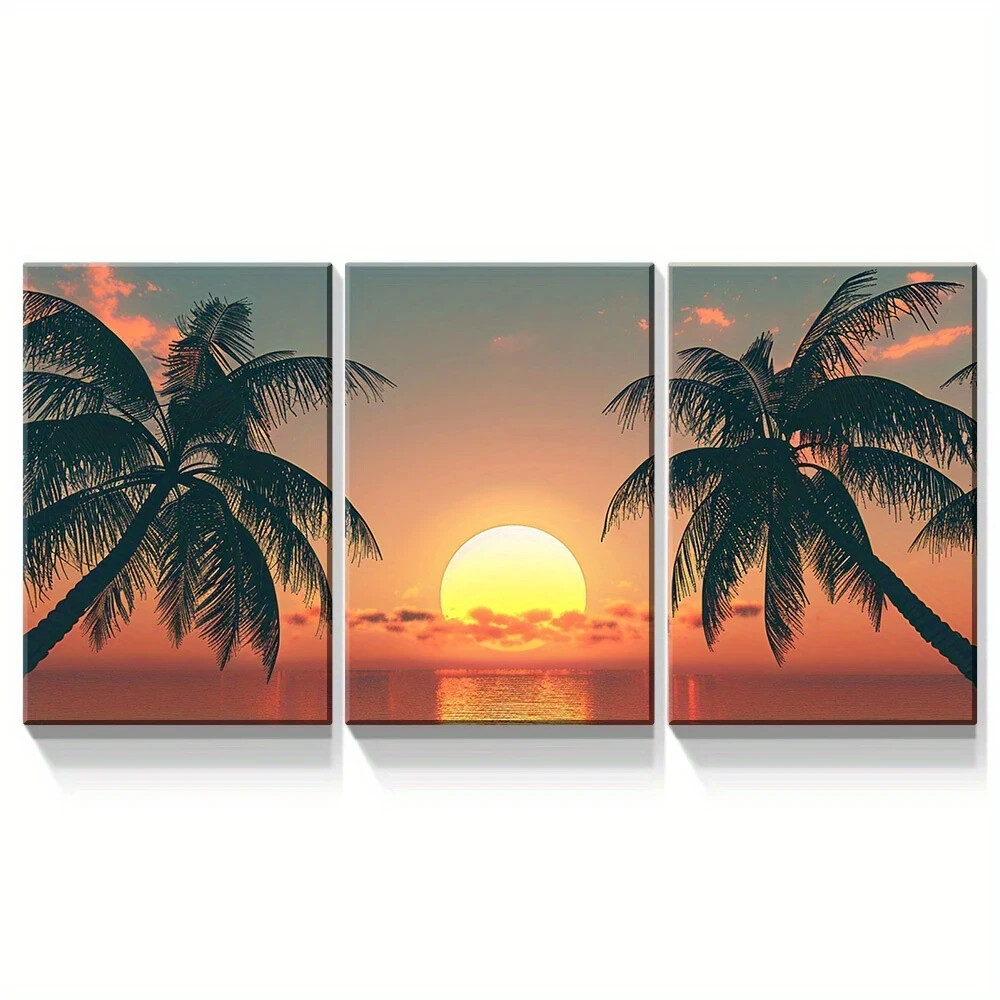 3Pcs Coastal Beach Sunset Metal Wall Art with Palm Trees Ready to Hang