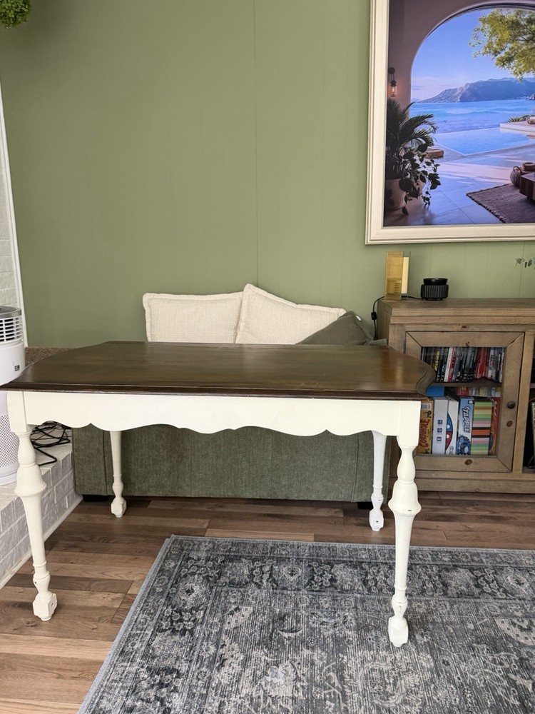 Dark Wood Top Console Table with White Turned Legs, Rectangular Indoor