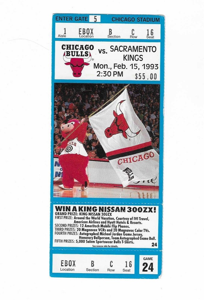 Chicago Bulls vs Sacramento Kings Unused Basketball Tickets February 15, 1993