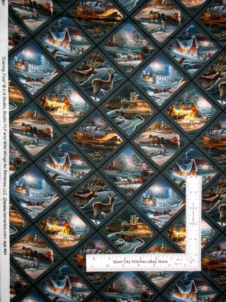 Christmas Fabric House Deer Scene Diamond TL Evening Frost Cotton Benartex Yard