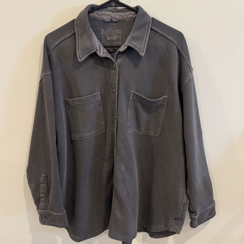 Aerie LumberJane Fleece Button-Down Shirt Cozy Lounge Shacket Slate Gray Medium