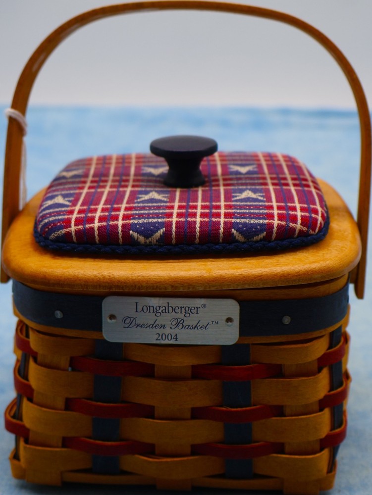 Longaberger 2004 Dresden Basket w Lid Protector Patriotic Liner