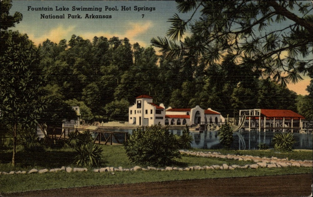 Hot Springs Natl Park Arkansas ~ Fountain Lake swimming pool ~ postcard sku425