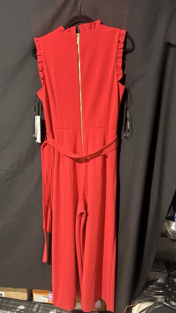 Calvin Klein Red Sleeveless Ruffle Zip Belted Wide-Leg Jumpsuit Size 12