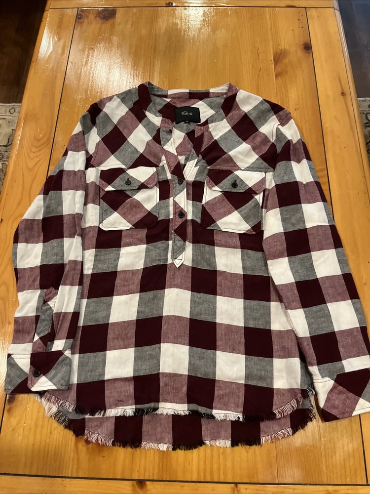 Rails Redding Popover Blouse Womens M White Plum Coal Plaid Long Sleeve (27)